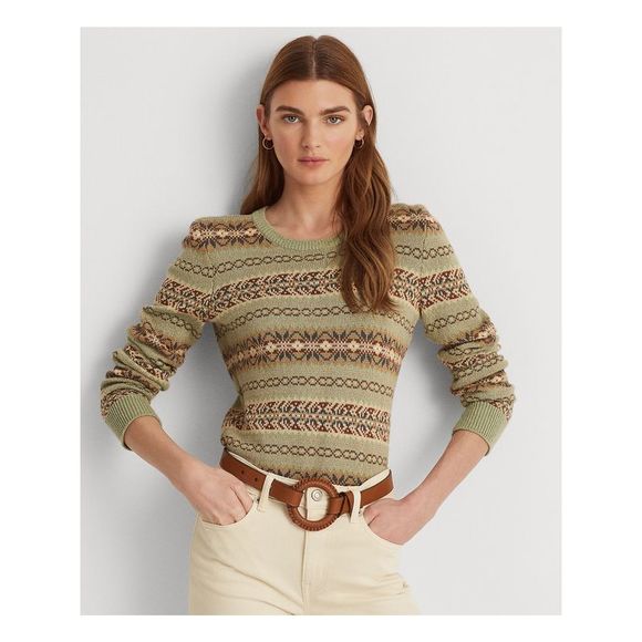 RALPH LAUREN Sweaters - RALPH LAUREN Womens Green Ribbed Sheer Long Sleeve Crew Neck Sweater L